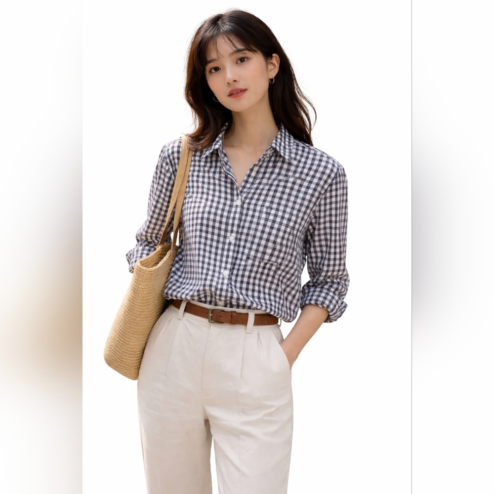 MUJI Black White Gingham Cotton Button Down Shirt Minimalist Large
